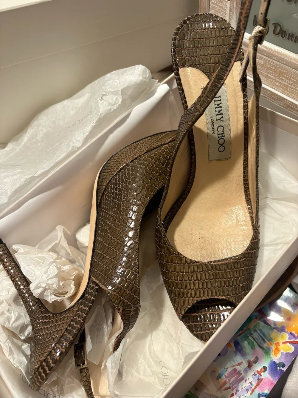 Jimmy Choo Brown Croc-Embossed Peep-Toe Slingbacks